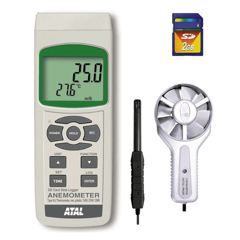 Afbeelding van SD-AMx4247 Vleugelrad anemometer voor luchtsnelheid, temperatuur en RV met datalogger op SD kaart