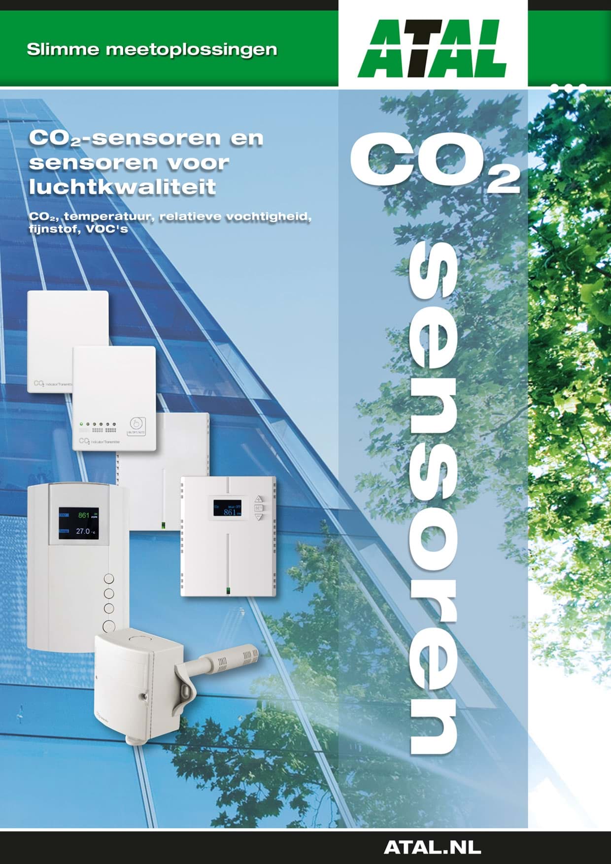 Atal brochure CO2 sensoren diverse modellen met LED indicatie, LCD display, analoge uitgang, RS485 communicatie etc.