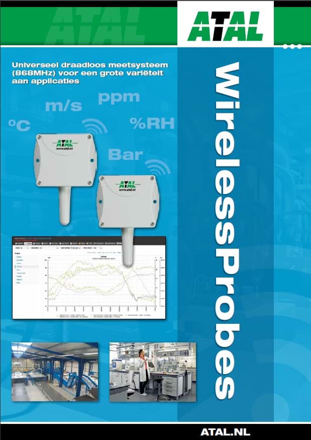 Atal brochure universeel draadloos meetsysteem met batterij gevoede zenders voor meting van o.a. temperatuur, R.V., CO2, analoge signalen en pulsen